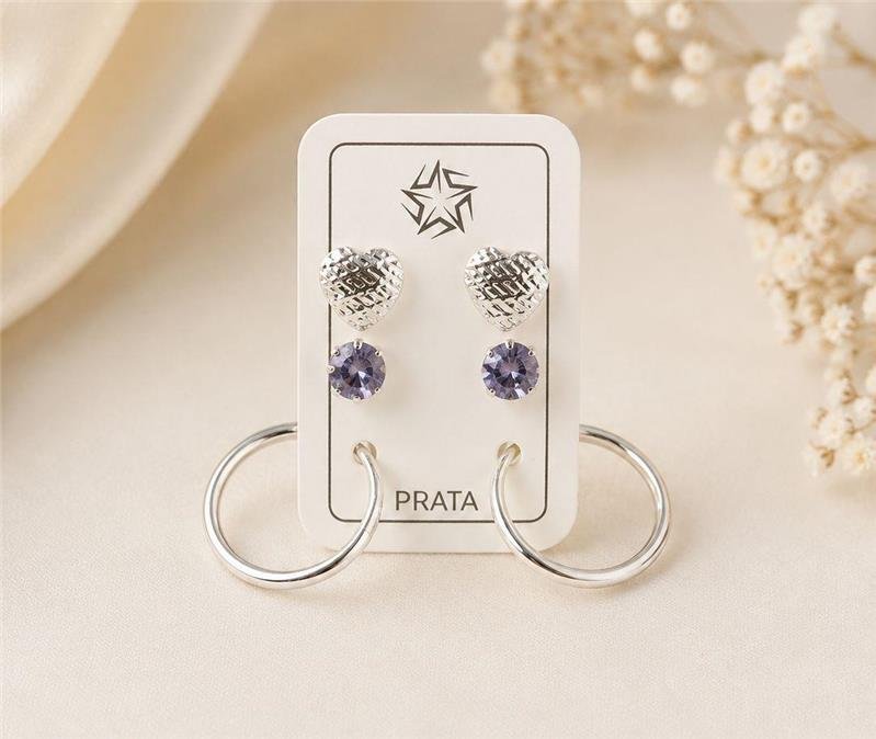 TRIO CORAÇÃO CHANFRADO ARGOLA LILAS 
